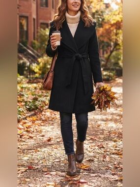 Ann Taylor Wool Blend Shawl Collar Black Wrap Coat w/ Waist Tie XXSmall